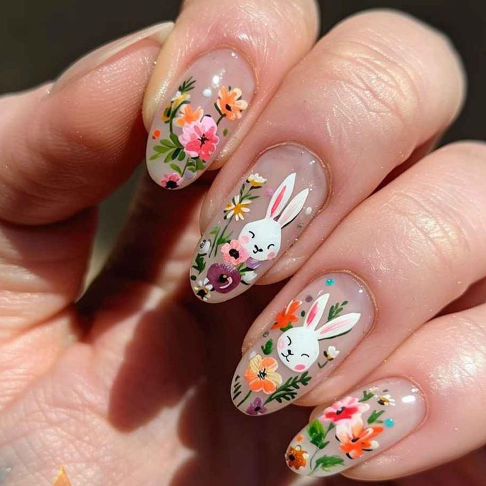 24pcs Pasqua Press On Nails Acrilico Lucido Unghie Finte Con Fiori Disegni Stick On Unghie Per Donne E Ragazze Manicure