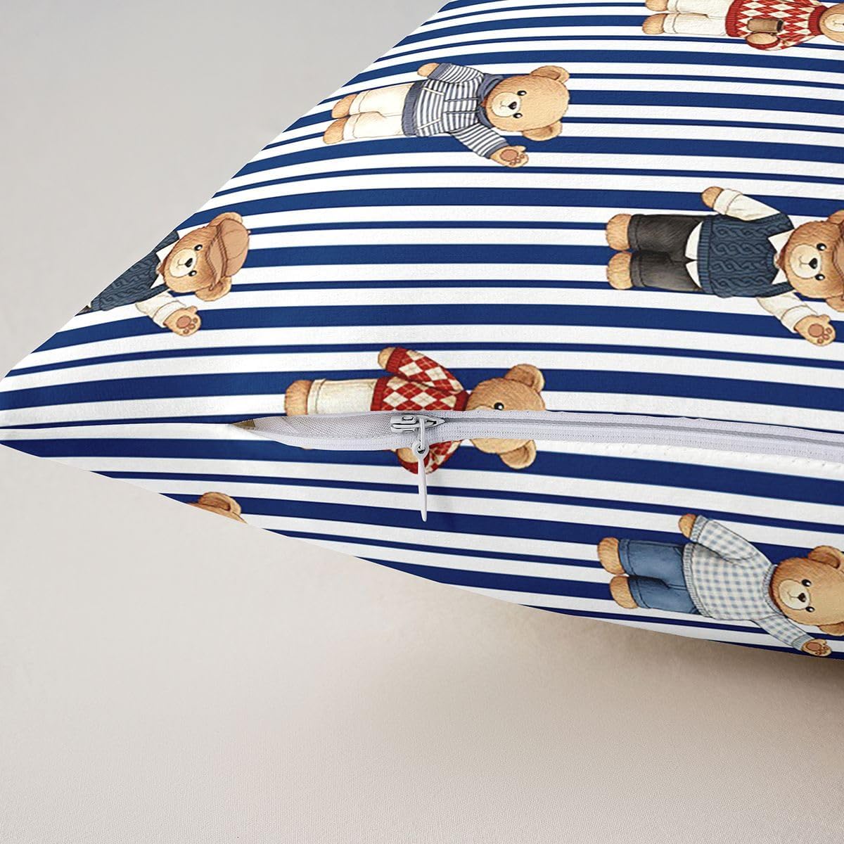 Cartoon Brown Bear Throw Pillow Cover,Cute Bears Animals Cushion Cover 16"x16" for Kids Boys Girls,Geometric Stripe Simple Style Pillowcase for Car RV Livingroom,Navy Blue Pillow Cover,Single Pack image 5