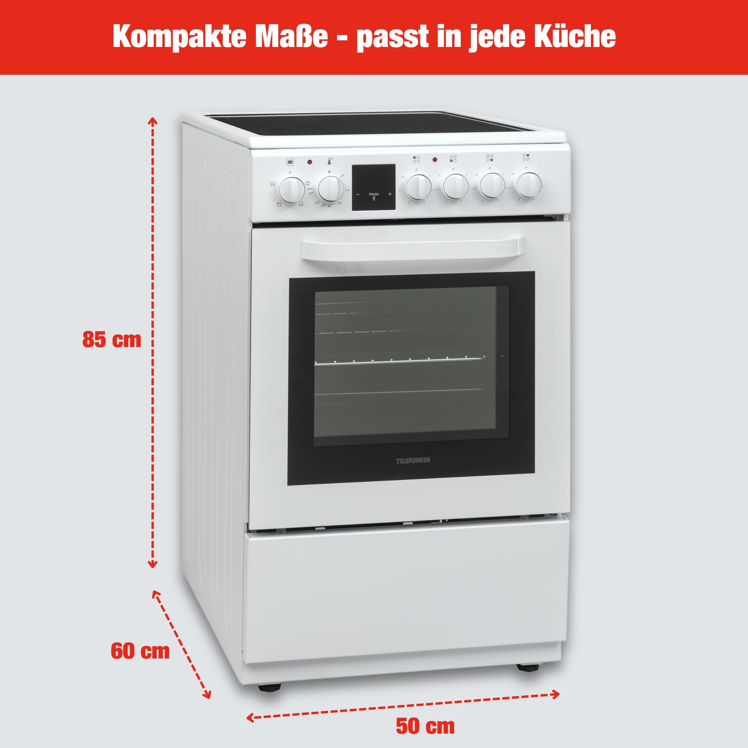 Telefunken Standherd mit Glaskeramik-Kochfeld | Elektroherd freistehend 50 cm breit | Herd mit Backofen und Kochfeld | 55 Liter | 5 Betriebsarten | 4 Kochzonen | LED-Display | EEK A | Weiß | BSHC55AI