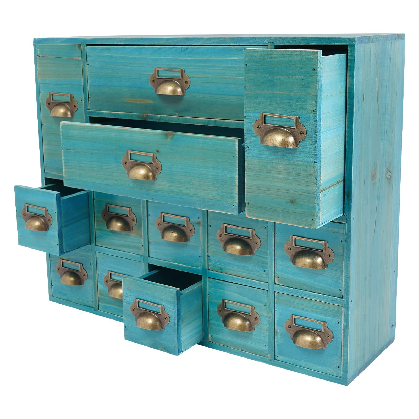 53,3 x 16,9 x 42 cm, 14 cassetti in 3 diverse dimensioni, in legno, mini comò con etichette per etichette, armadietto per farmacia, organizer per la scrivania di casa e per la conservazione, blu