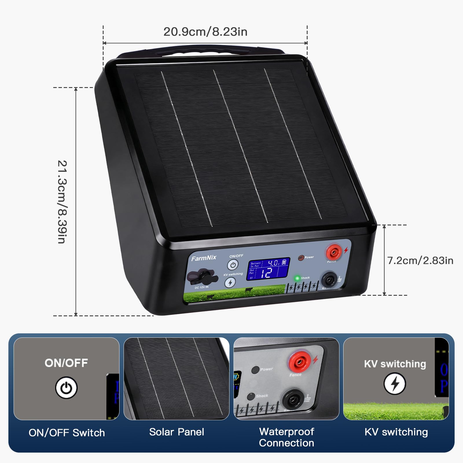 Pastor Eléctrico Solar 32km con Batería de Litio, Salida Ajustable 6-12KV 0.3-2J, Panel 6W & Batería 18Ah(18000mAh), IP55 Resistente para Caballos, Ganado, Jabalíes