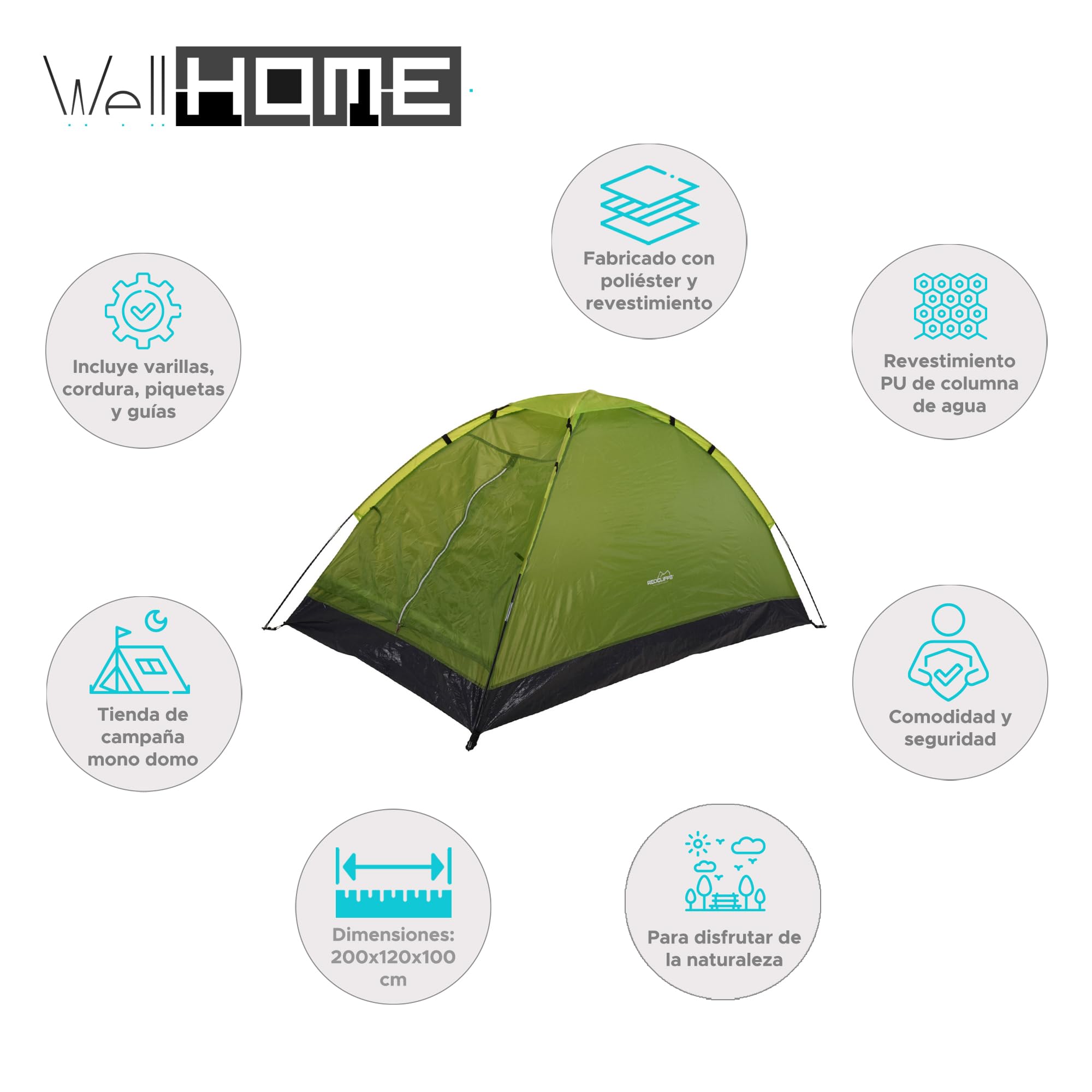 Well Home Tienda de Campaña Monodomo para 2 Personas en Color Verde 200x120x100cm