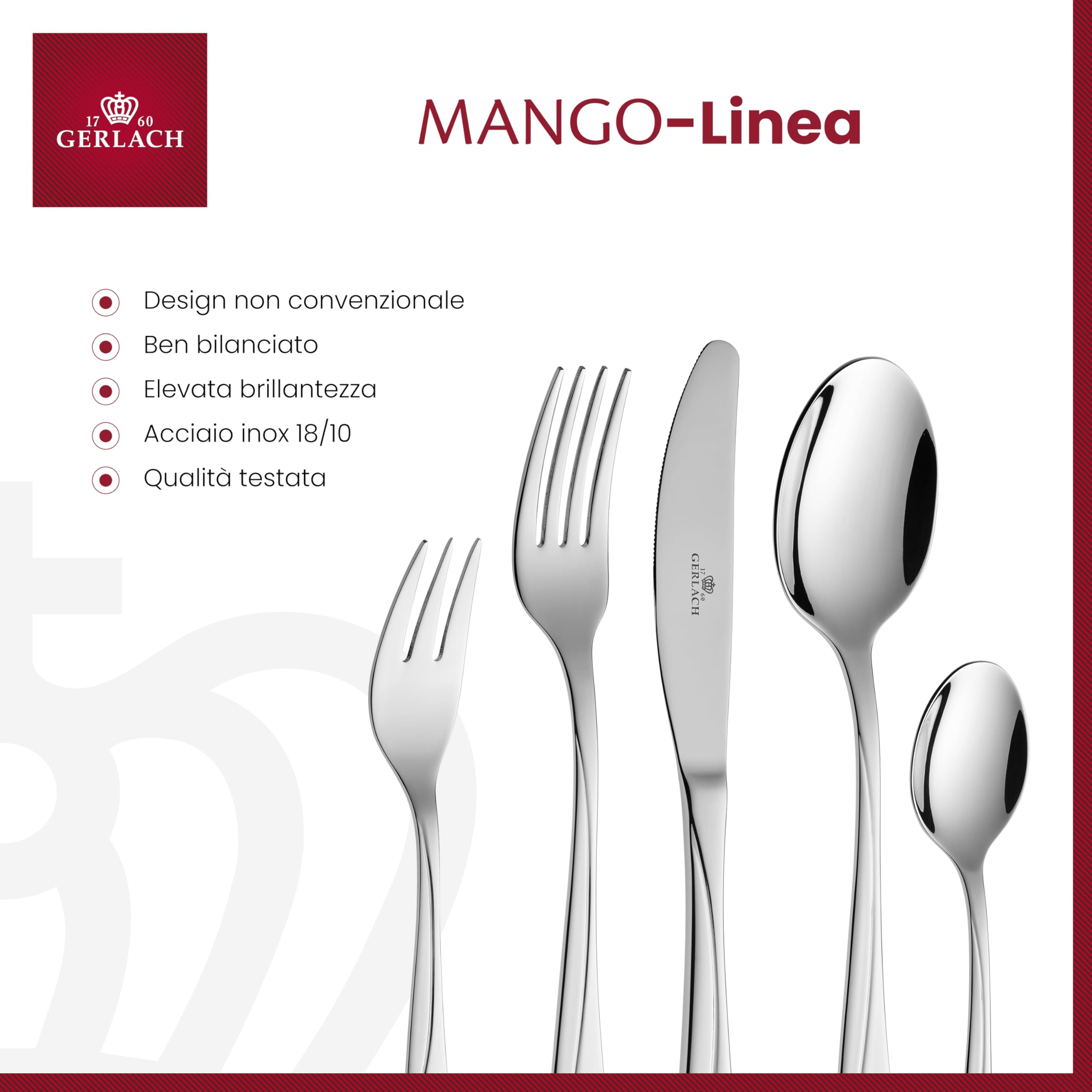 Gerlach 1760, set di posate in acciaio inossidabile per 6 persone, 30 pezzi, lavabili in lavastoviglie, coltello, forchetta, cucchiaio, posate lucide, mango