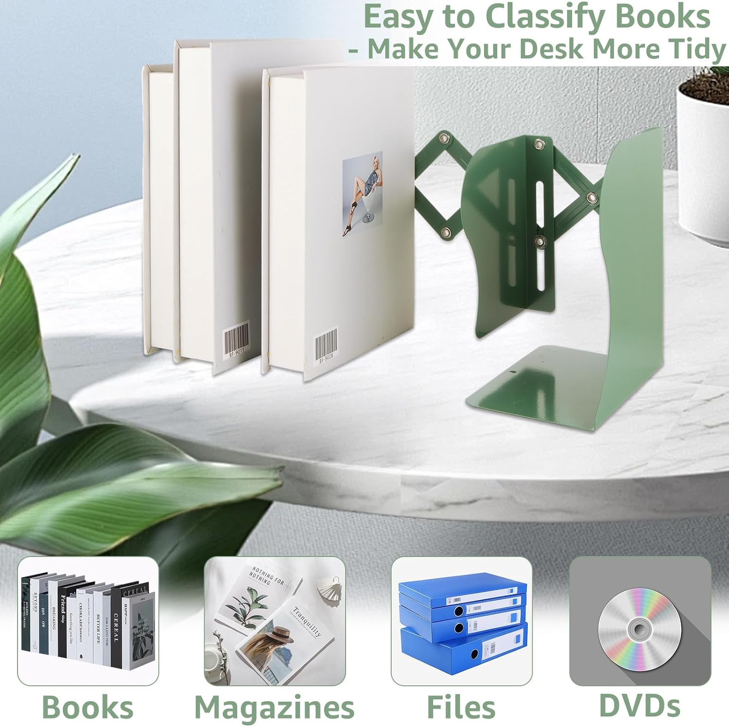 CYEAH 2 Pcs Adjustable Book Ends, Green Bookends for Shelves, Metal Book Ends for Heavy Books, Book Holders Organizer for Desk, Extends Up to 17 Inches Used in Office, Desk and School