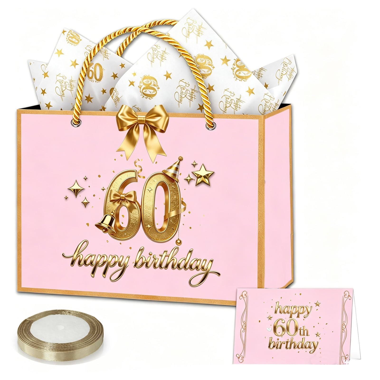 60th Birthday Gift Bag for Women, 28 * 20 * 10cm Luxury Pink Birthday Party Gift Bag Medium with 60th Tissue Paper Sheets Card and Ribbon for Ladies Her Female 60 th Birthdays Present Decorations