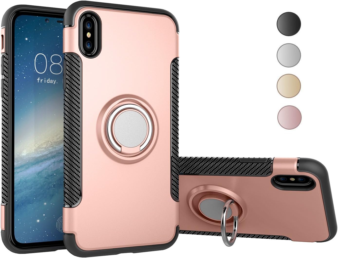 Nicwea Double Defense Shock Resistant Scratch Resistant Soft Case with 360 Degree Swivel Ring for Apple iPhone 7 Plus iPhone 8 Plus - Rose Gold