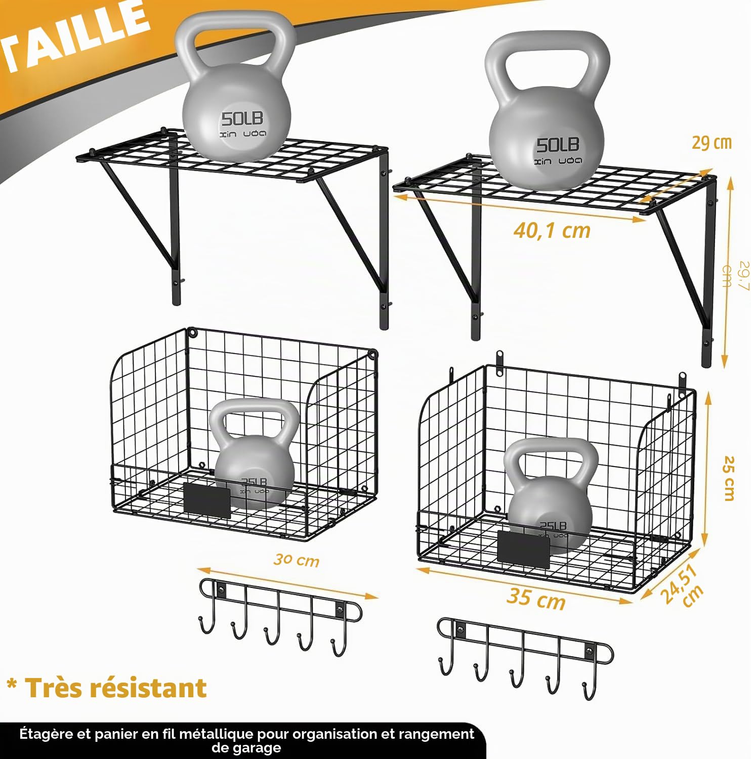 Lot de 2 étagères de garage à fixation murale avec paniers en fil métallique - Robuste - Avec crochets - Pour la maison, le jardin, le garage