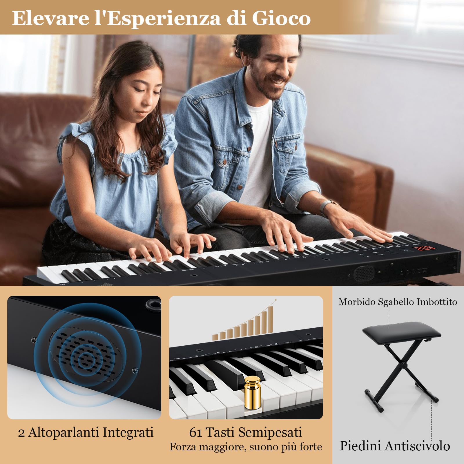 COSTWAY Set Pianoforte Digitale 61 Tasti, Tastiera Musicale con Sgabello Portatile, Pianoforte Elettronica con Supporto, Pedale Sustain, MIDI, USB e Funzione di APP Bluetooth