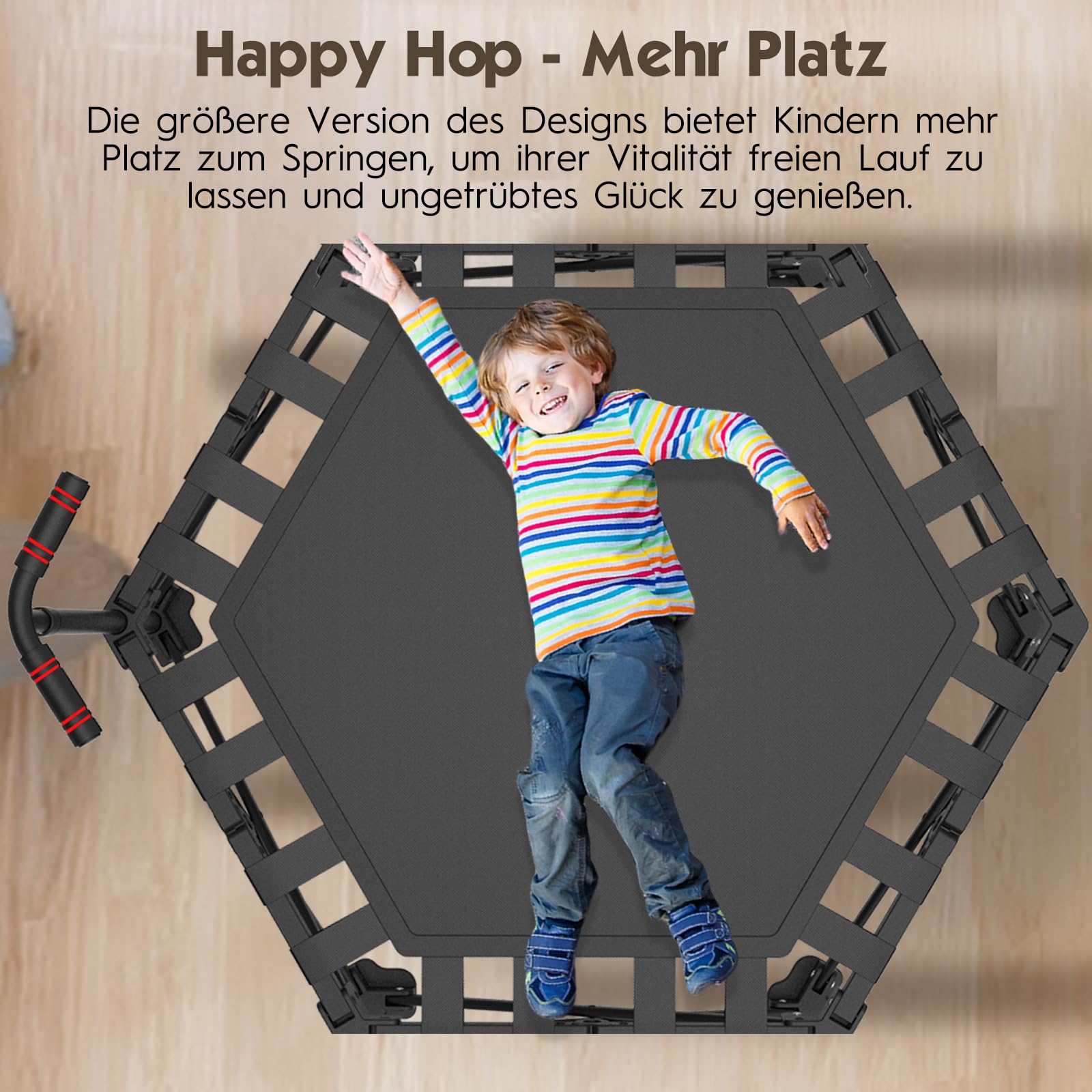 Fitness Trampolin Indoor Klappbar mit Verstellbarem Griff – Stabiler und Leiser Rebounder für Kinder und Erwachsene, Statische Belastungsgrenze 600kg, 106cm Diameter, 113cm Hoch