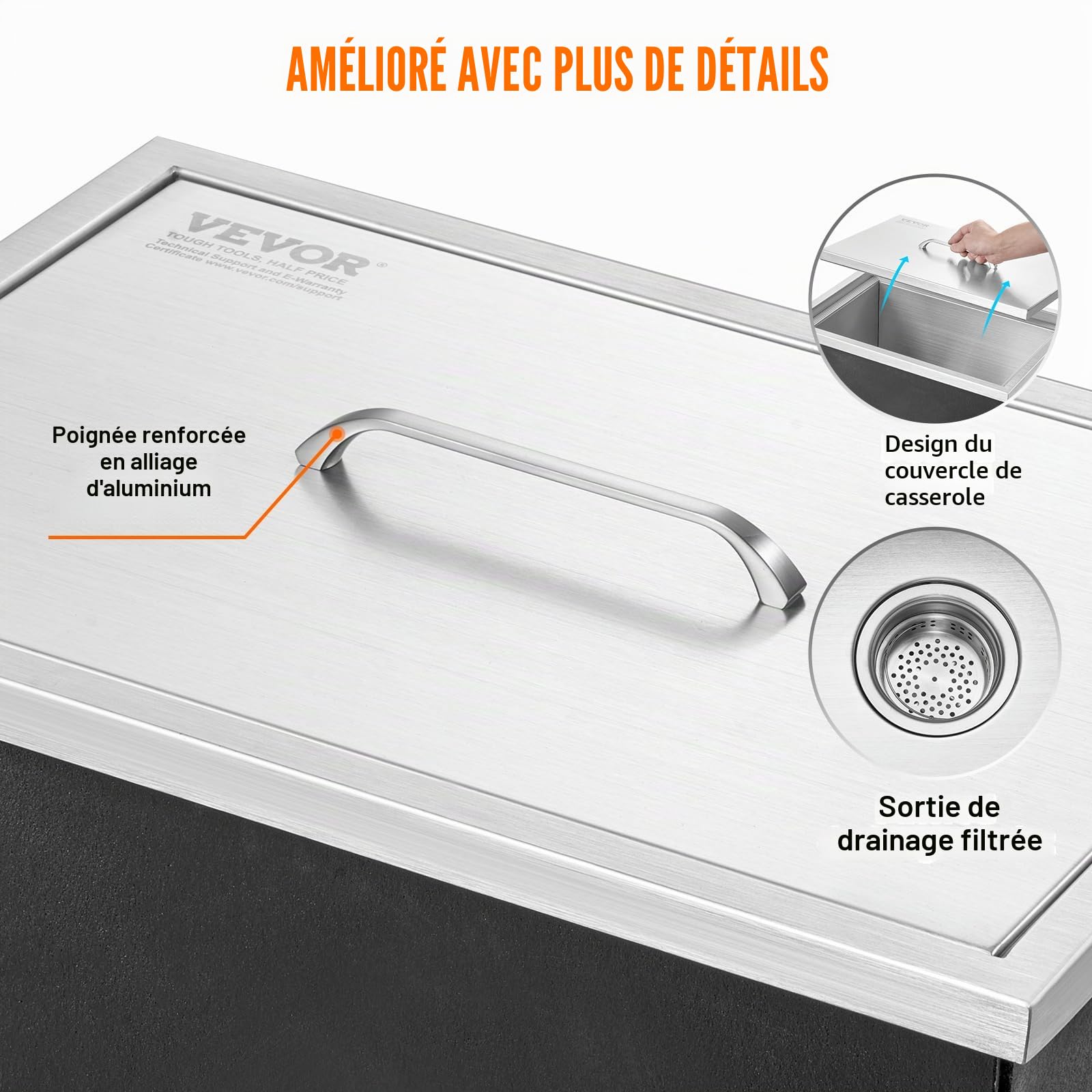 VEVOR Bac à Glace Encastrable 30,25 L 508x355x308 mm Boîte Isotherme pour Glace avec Couvercle en Inox Alimentaire Conservateur à Glaçons pour Boissons Bières Fraîches Cuisine Extérieure Bar Domicile