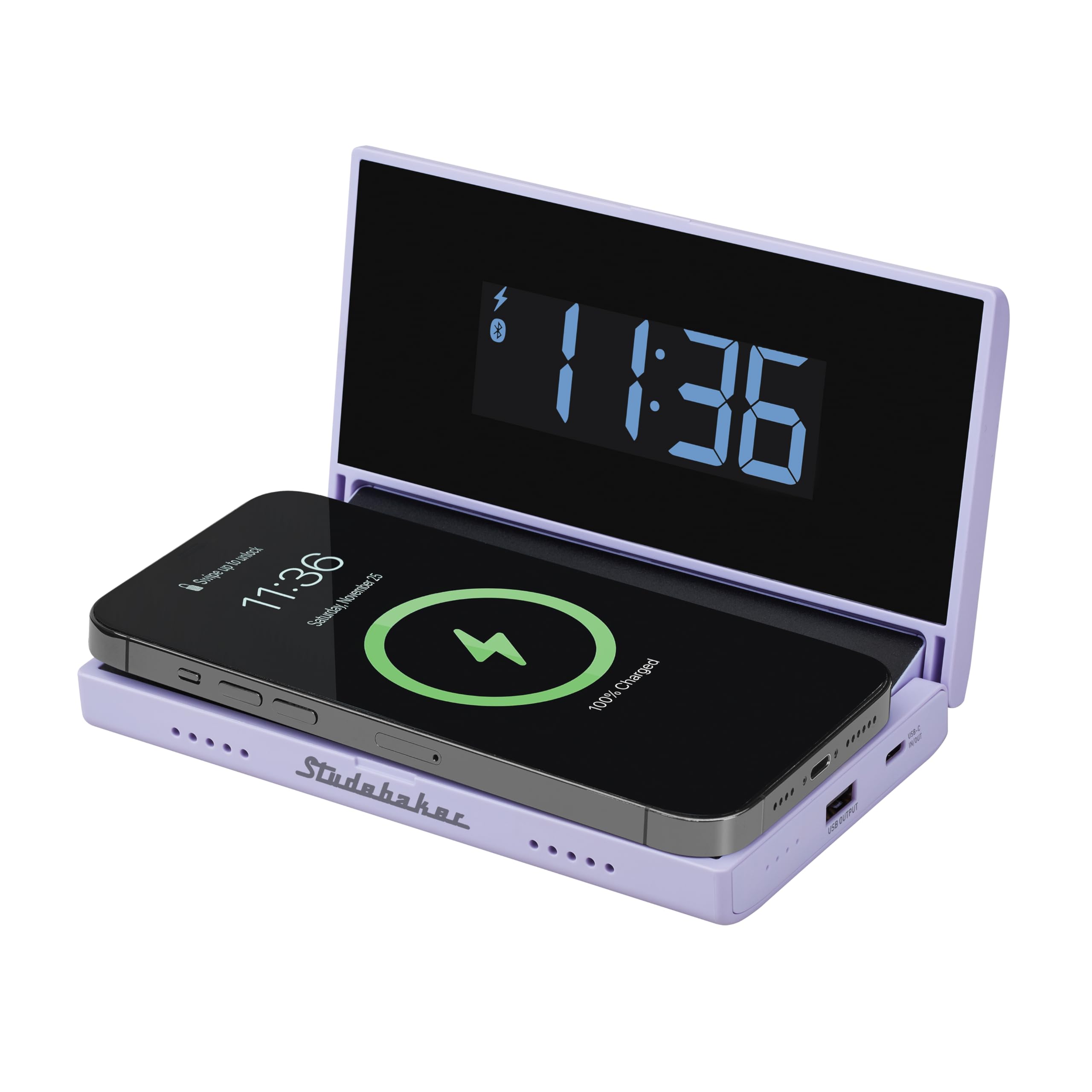 Studebaker Techmate All-in-One: orologio da viaggio portatile, caricabatterie per telefono wireless e cablato, altoparlante Bluetooth e power bank (Lilla)