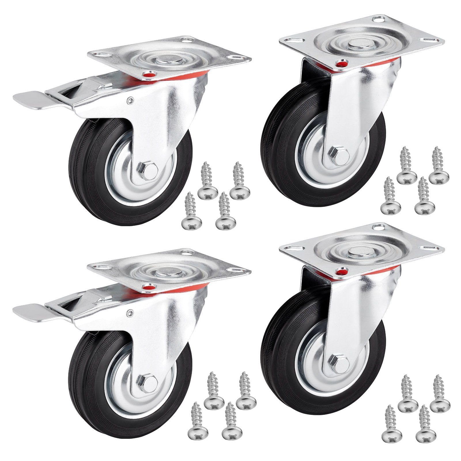 SOTECH 4 piezas Ruedas de transporte RED Ø 125 mm (2x ruedas giratorias, 2x ruedas giratorias con freno) Altura 151 mm Placa atornillada 100 x 82 mm Capacidad de carga 440 Kg