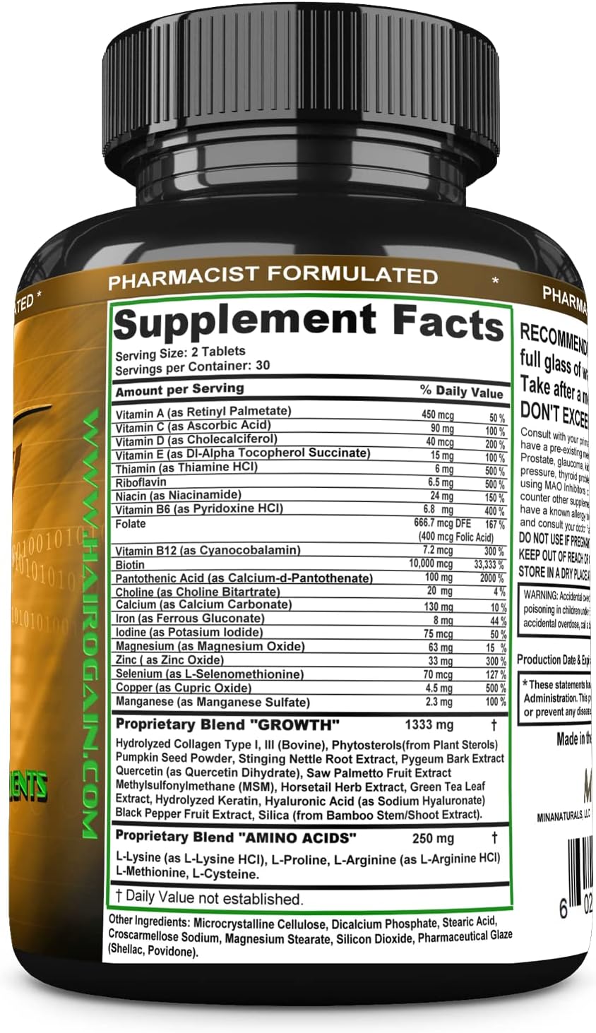 HAIROGAIN DHT Blocker. Support Hair Growth. 10000 mcg Biotin, Collagen & Hair Vitamins Added. Help Decrease Hair Loss and Baldness. 60 Tablets