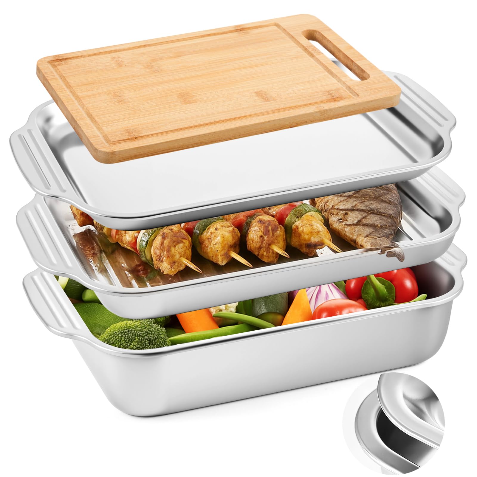 4 Pcs Grill Prep Trays Set Stackable Stainless Steel Grilling Prep and Serve Tray Includes 2 Deep Grill Platter, Shallow BBQ Serving Tray and Bamboo Cutting Board for BBQ Outdoor Grilling