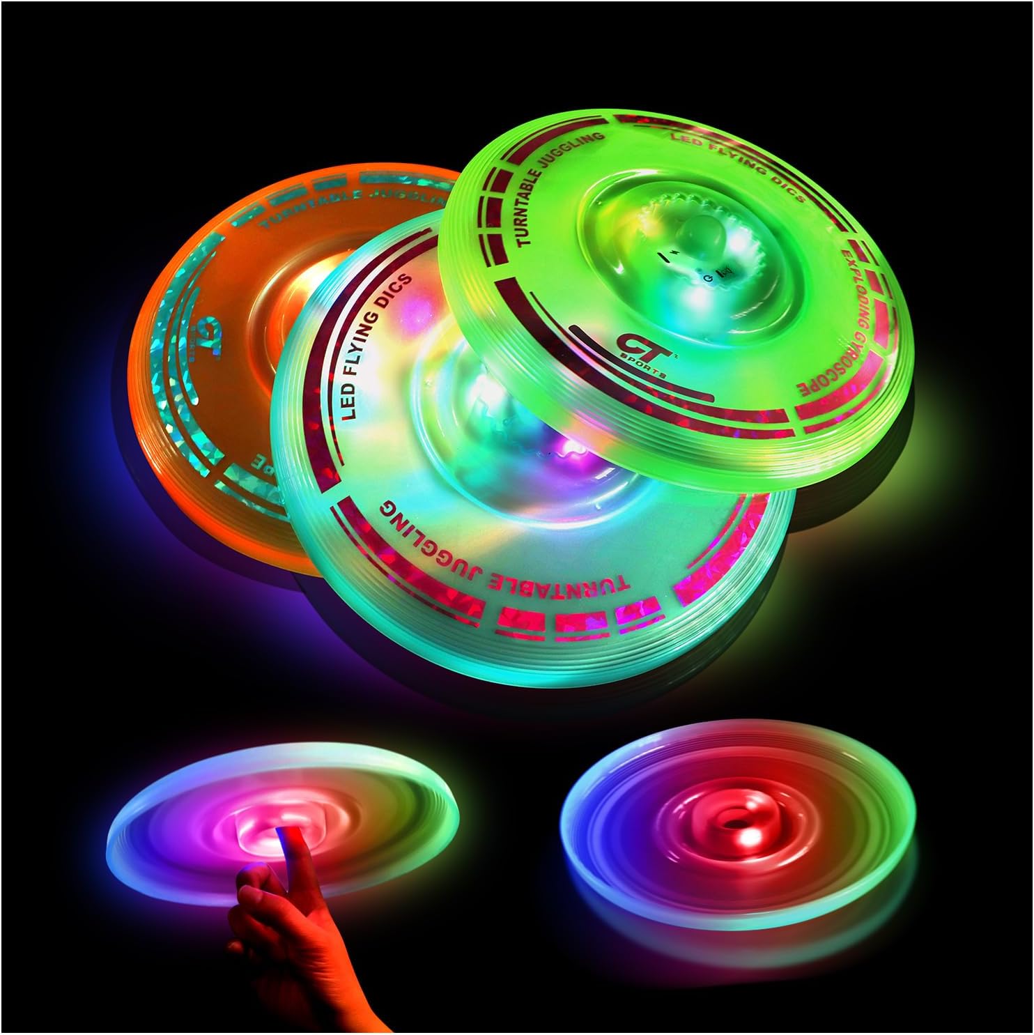 3 Pack 3 in 1 LED Flying Disc+Spinning Tops+Fingertip Juggling-Multifunctional Flying disc for Kids & Adults All Ages-for Outdoors & Families Party Camping(Orange+Green+Blue)