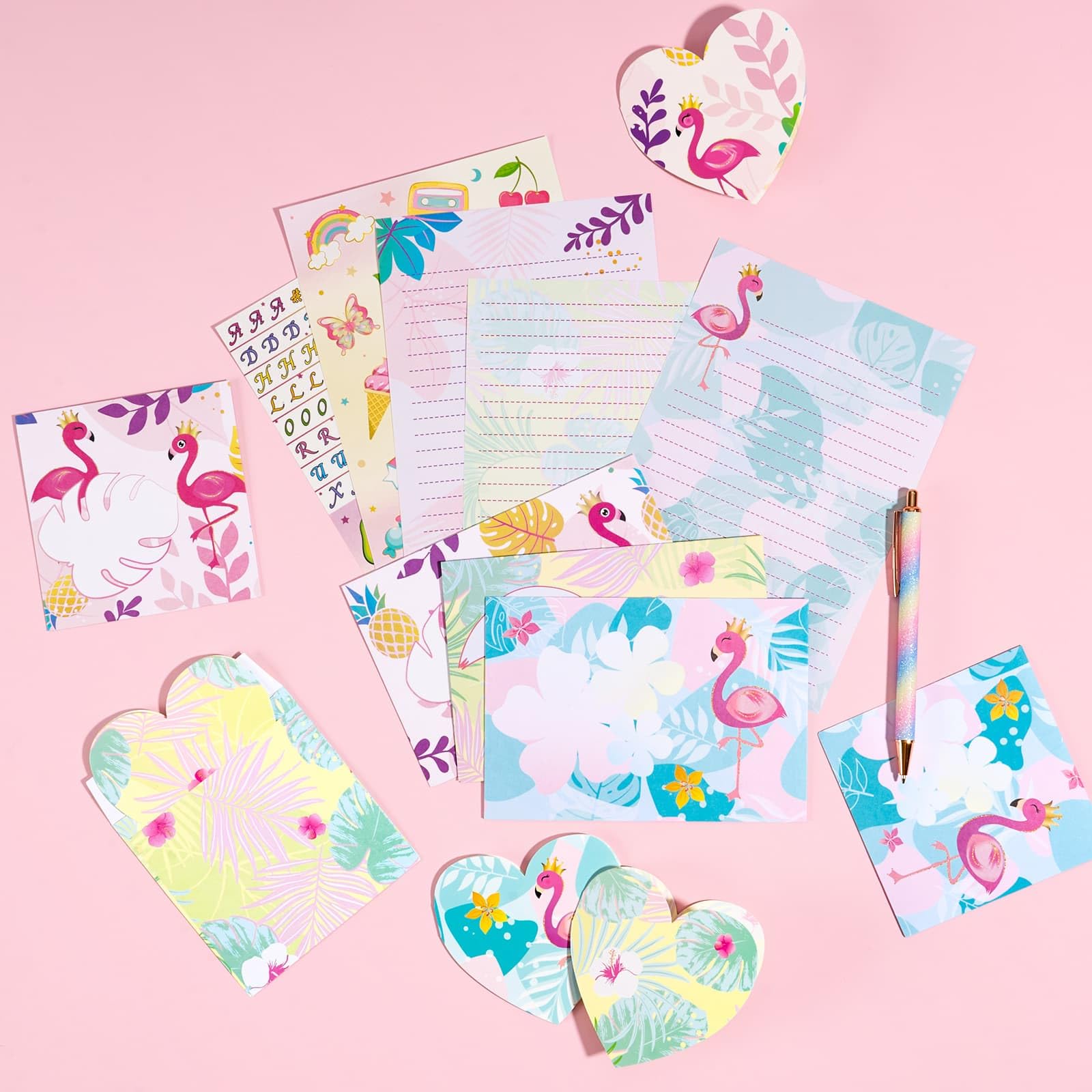 WERNNSAI Juego de papelería para niños Flamingo Teens Summer Penpal Kit Papelería para niñas Papelería para cartas Escritura con sobres, tarjetas de felicitación, pegatinas, bolígrafo, regalo niñas