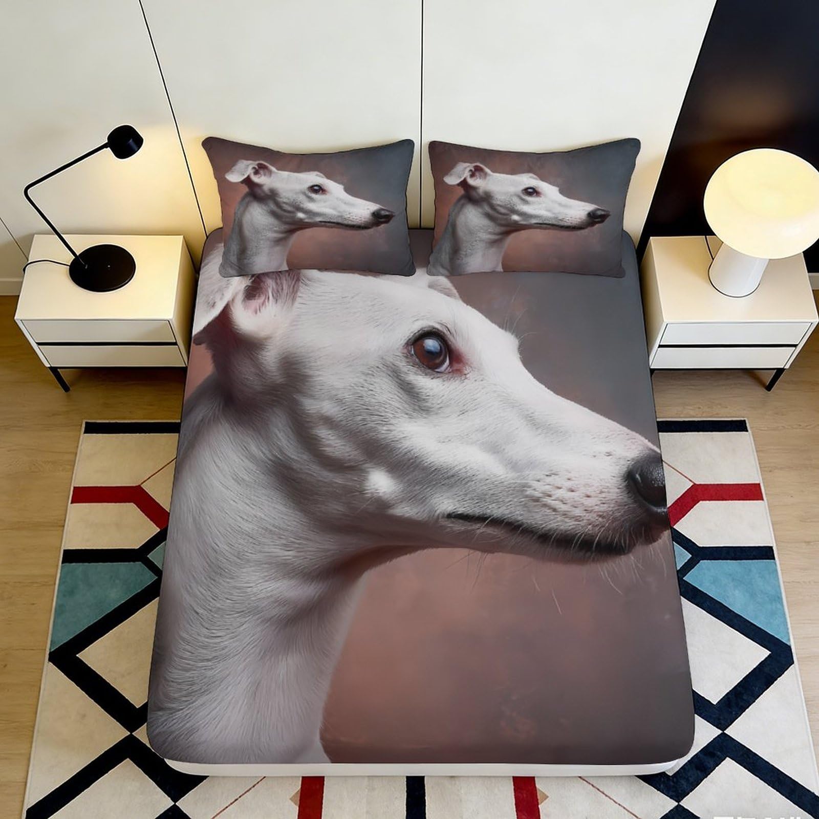 3D Printed Greyhound Dog Fitted Sheet Microfiber Soft Anti-Slip Dog Portrait Mattress Cover Bedroom Decor 90x200x25cm