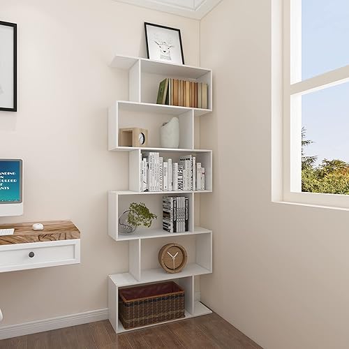 Miniatura 8 de Yusong Estantería en forma de S, estantería geométrica moderna, estantería blanca de 6 niveles