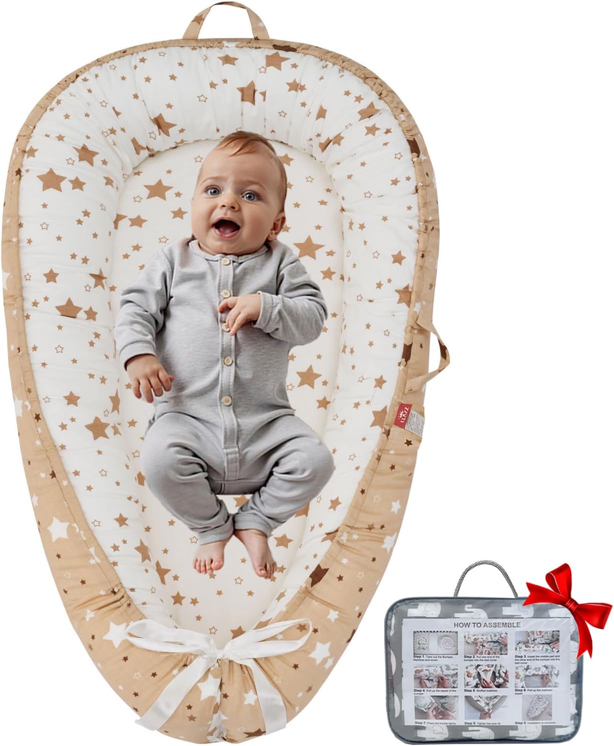 Baby Lounger, Infant Lounger for Newborn, Baby Nest Lounger, Portable Baby Bed, Co Sleeper Bassinet, Girl Boy Essentials, Soft Breathable Baby Floor Seat Lounger (Brown Stars)