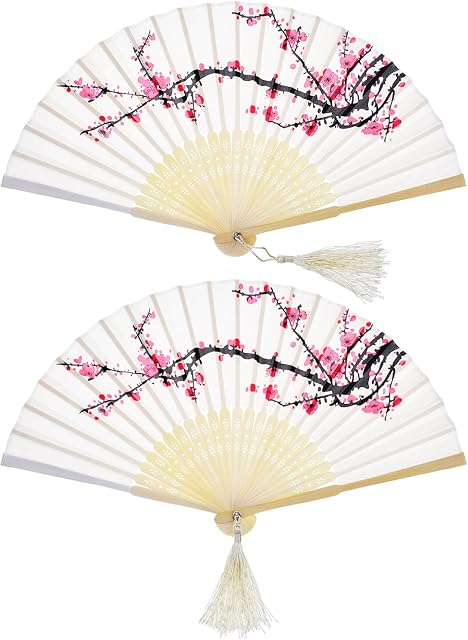 2 Pieces Folding Fans Handheld Fans Bamboo Fans with Tassel Women's Hollowed Bamboo Hand Holding Fans for Wall Decoration, Gifts (White Cherry)