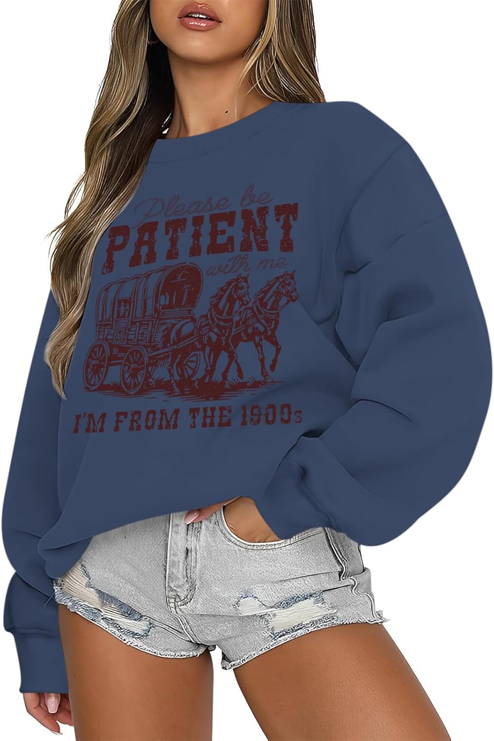 Please Be Patient With Me Im From The 1900s Sweatshirts Graphic Crewneck Sweatshirt Women Funny Long Sleeve Pullover(Grayblue,XL)