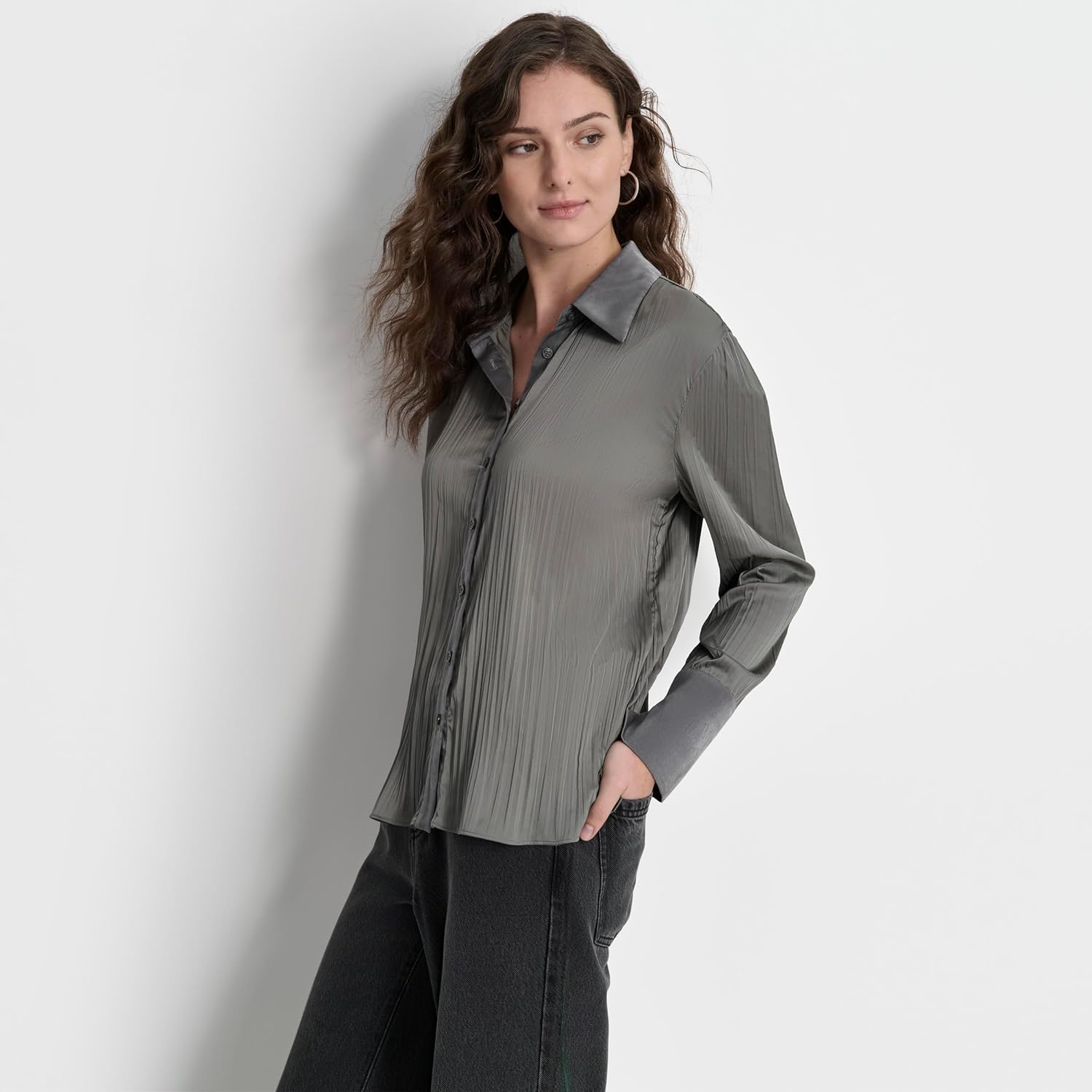 DKNY Womens Top Pleated Satin Blouse