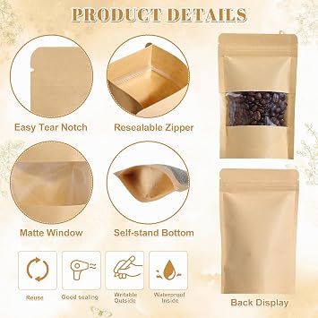 Wsicse 100 Pcs Kraft Stand Up Pouches With Window, 4 Sizes, Brown