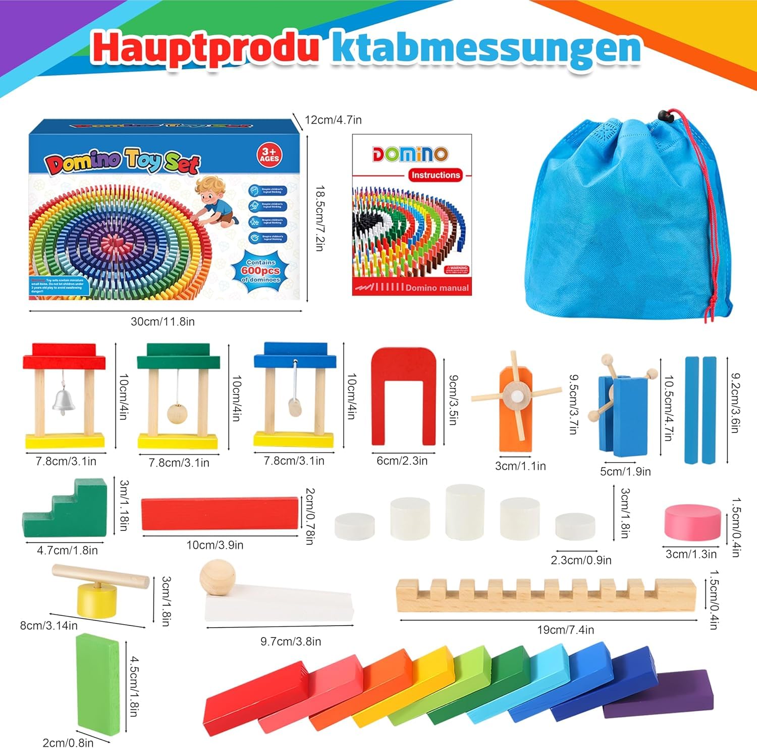 Herefun Domino Madera Juego de Bloques, Juego de Fichas de Dominó de Madera con Bolsa, 24 Bloques de Construcción, Juguete Educativo para Niños 3 4 5 (300)