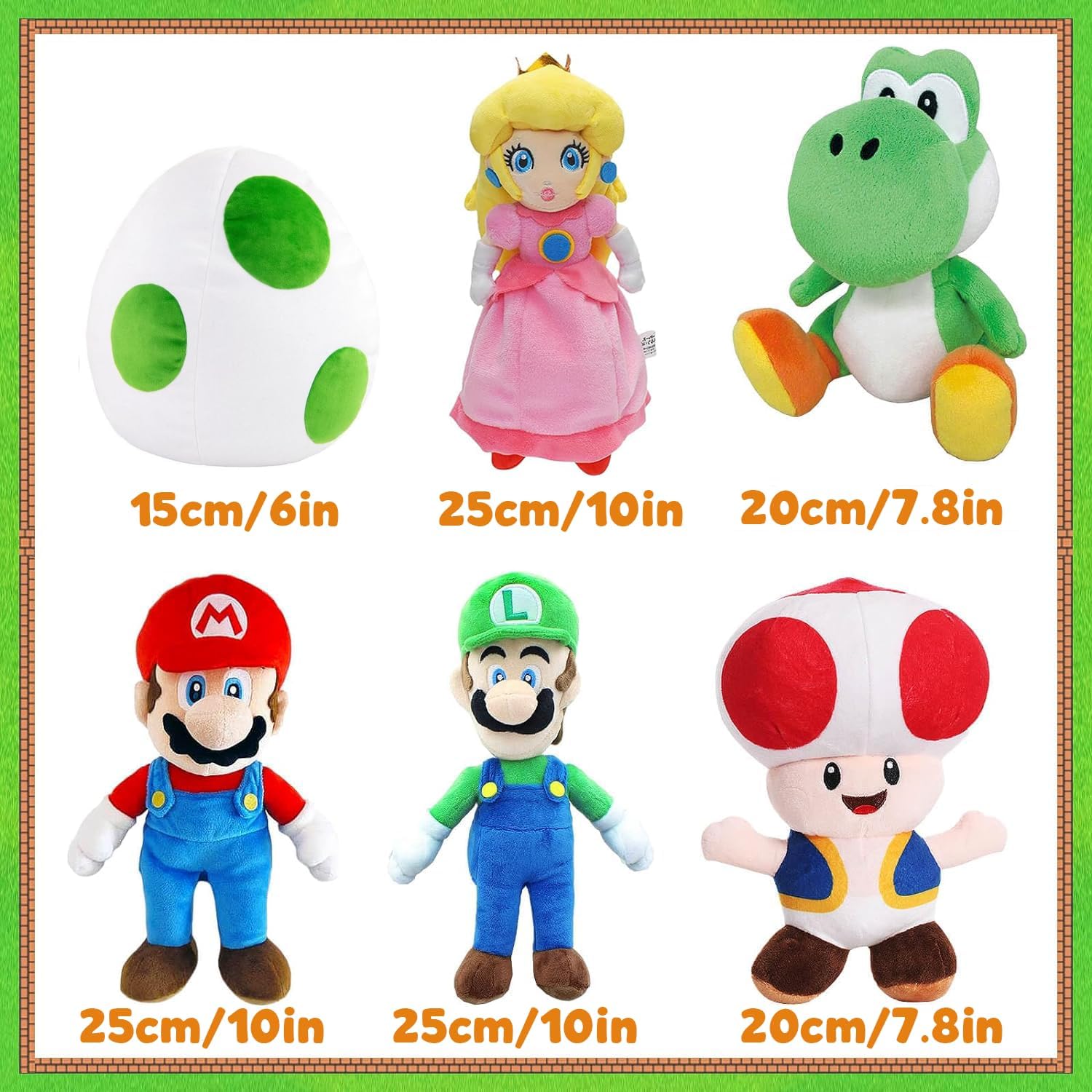 Felskin 6PCS Mario Plush Toy Set, Cute Character Stuffed Dolls Including Mario Luigi Peach Toad Yoshi Egg, Soft Plush Figure Collection Gift for Fans Room Decor,9.8in