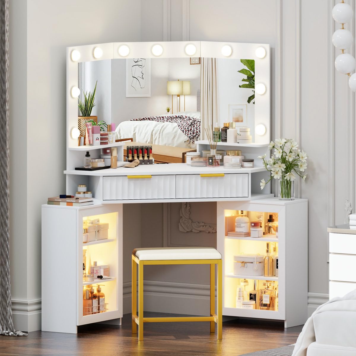 Ozone Furniture Modern White Corner Makeup Vanity Set with Stool | 3-Panel Lighted Mirror, Corner Design, with Stool Included, Modern Style, Vanity Set-image-19