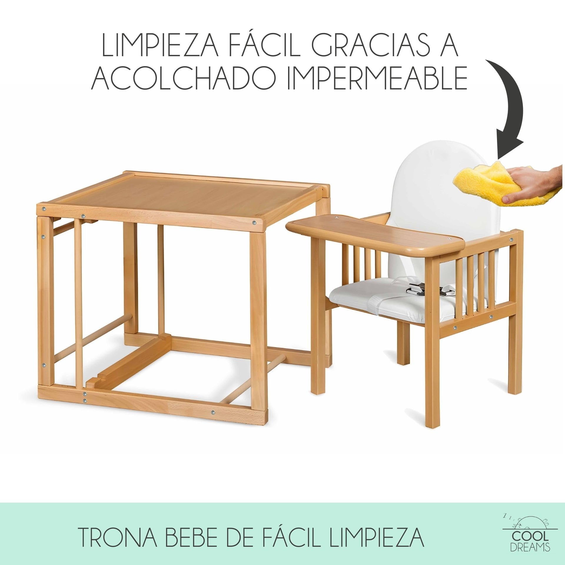 Trona evolutiva para bebé portátil de madera Evoluonge, convertible en silla y mesa infantil para comer, dibujar y jugar, segura, con asiento acolchado impermeable CoolDreams
