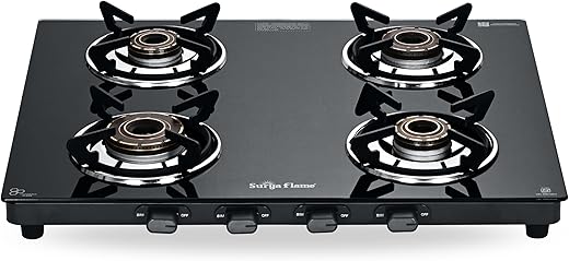 Surya Flame Creta Pro Gas Stove 4 Burners Glass Top | 5 Years Warranty | 4 Burner Stove, 4 Burner Gas Stove Glass Top with Experia Burners, Jumbo…