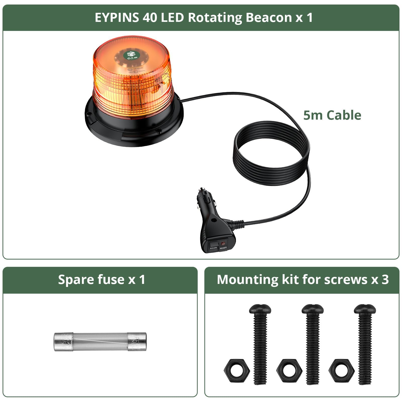 EYPINS Światła ostrzegawcze LED, 40 diod LED, magnetyczne, awaryjne miganie, ostrzeżenie, światło stroboskopowe, do ciężarówki 40 W, 12/24 V, wtyczka do papierosów (bursztynowe)