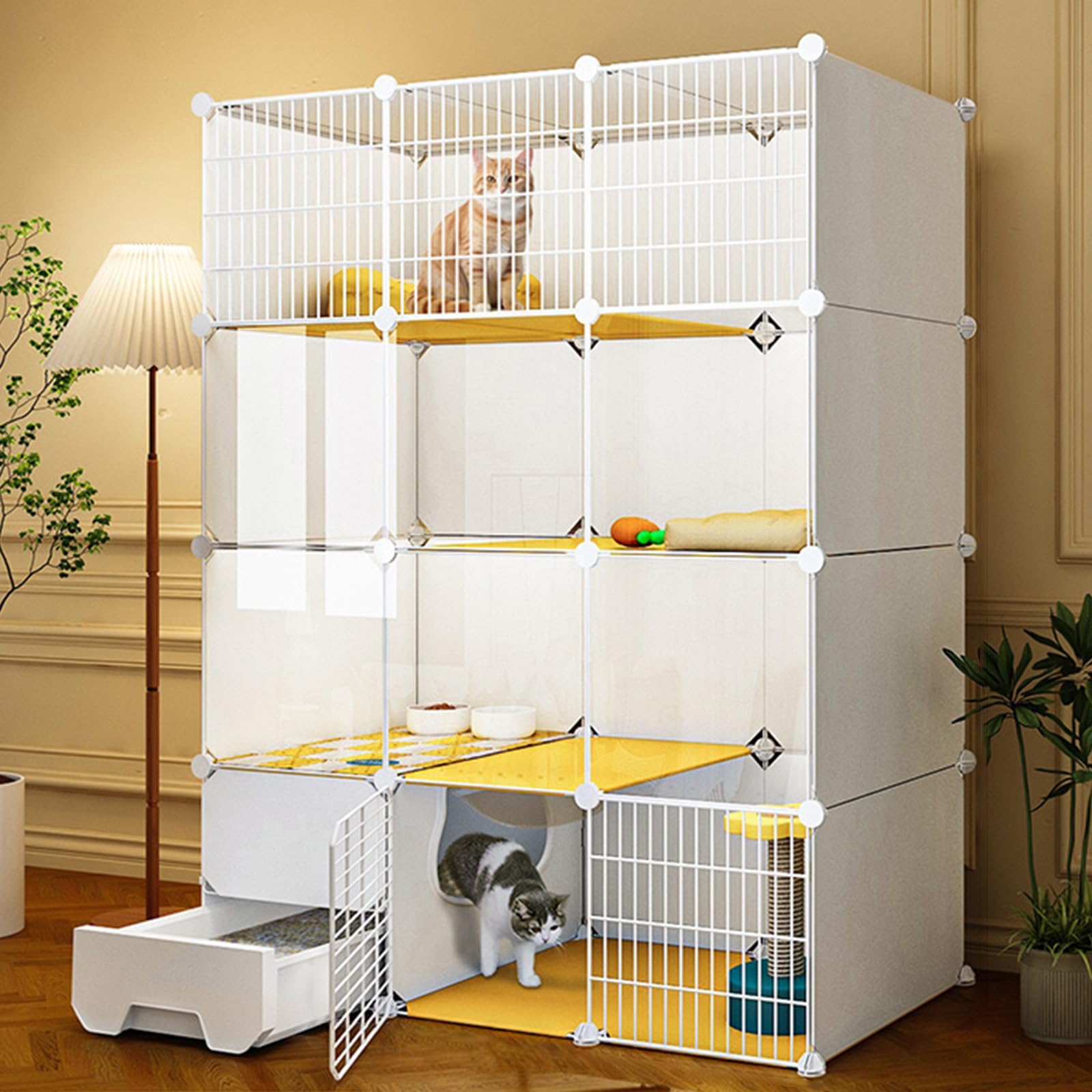 Gabbia per gatti da interni ed esterni con lettiera, struttura in filo portatile, ideale per 1-4 gatti, dimensioni perfette per giocare e riposare
