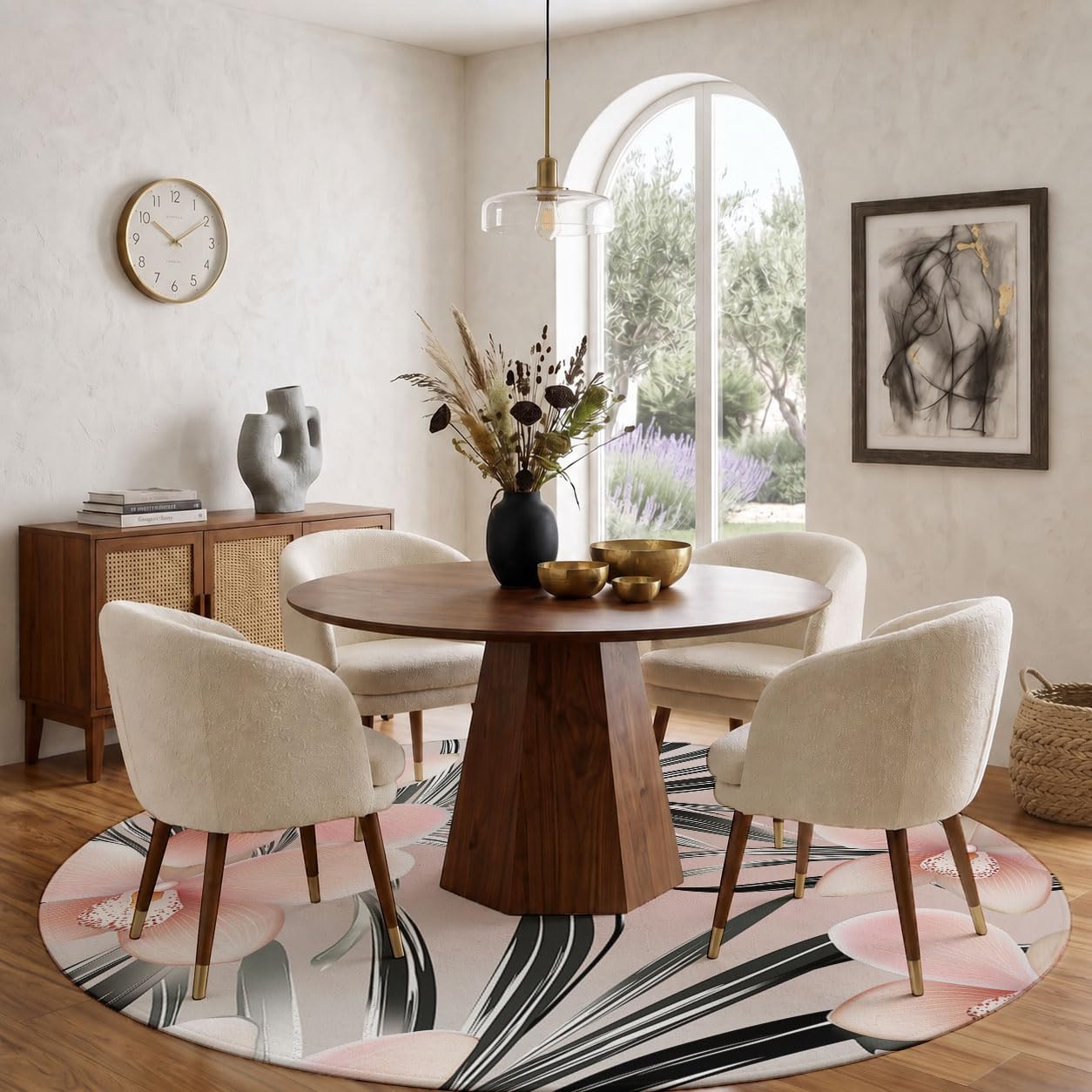 Alfombras Redondas En Rosa Claro 180cm, Alfombra Círculo Orquídea Rosa Palmera Hilo Plateado Franela Suave, Alfombra Plantas Tropicales Antideslizante Pelo Corto, para Dormitorio Comedor Sala de Estar