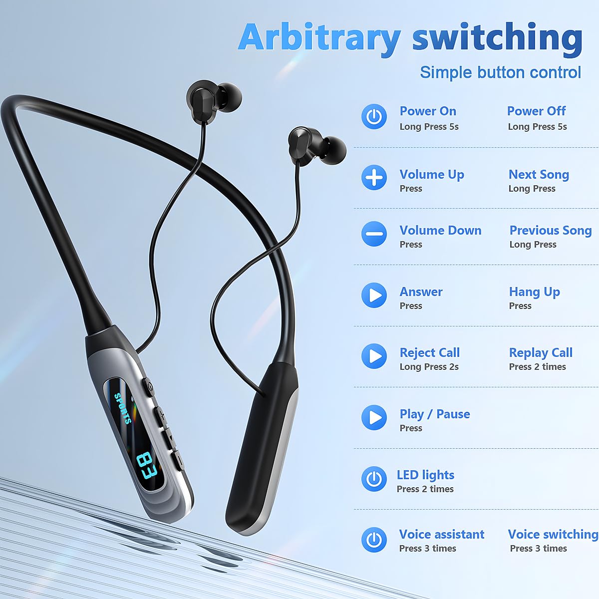 Cuffie Bluetooth con archetto da collo, riproduzione 80 ore, auricolari in-ear wireless con microfono, resistenti al sudore, per sport, corsa, allenamento (giallo)