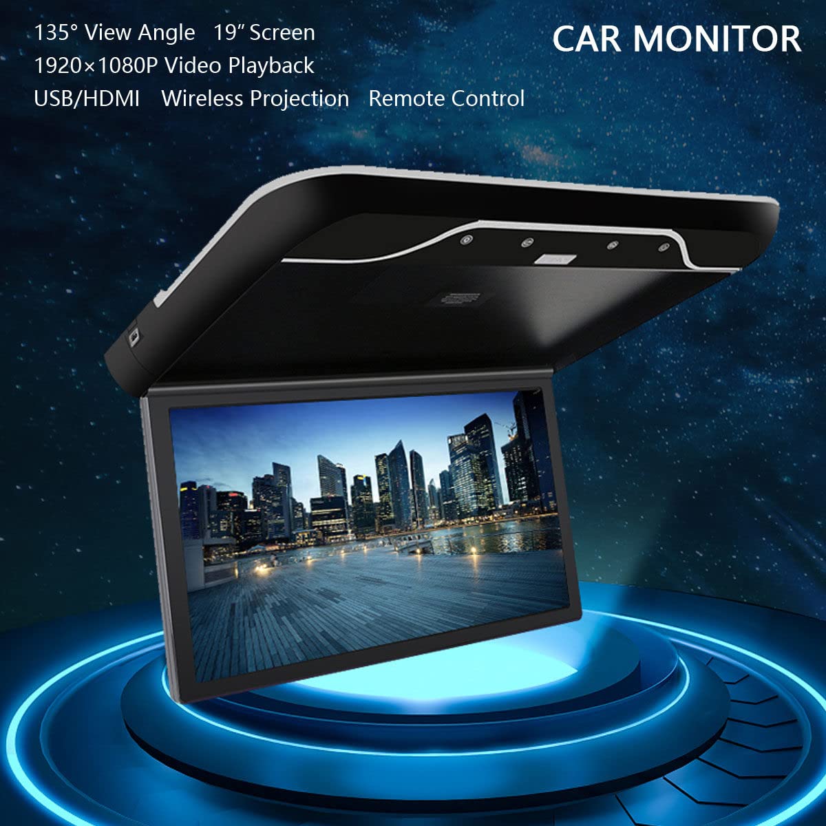 Lecteur Aérien De Voiture 19", Moniteur Monté sur Le Toit De La Voiture, écran 1080p, avec Lumière D'ambiance 16 Couleurs, Moniteur De Voiture Rabattable, HDMI USB IR,Black