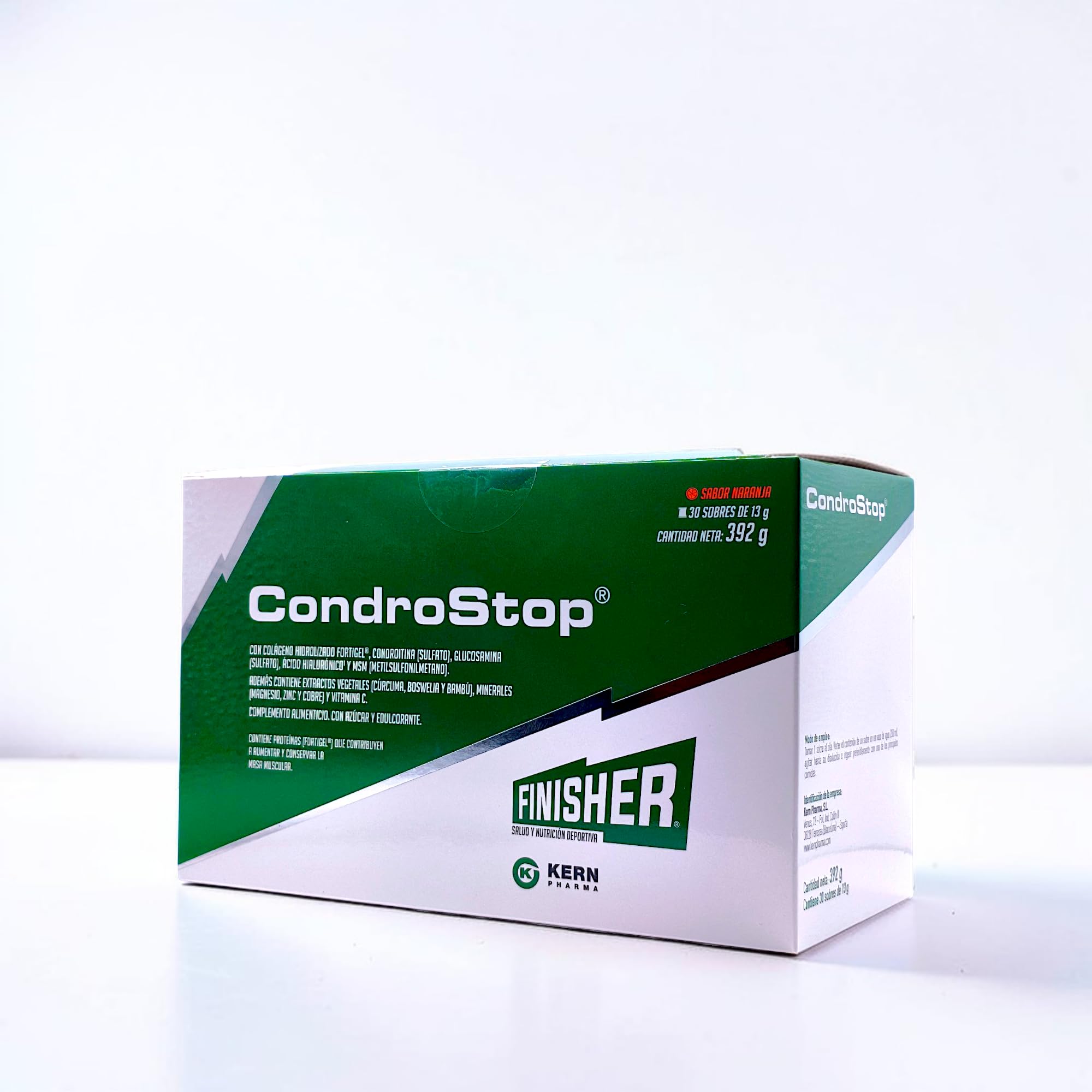 Kern Pharma Finisher Condrostop 30 Sobres - Regenerador Articular con Colágeno Hidrolizado Fortigel, Condroitina, Glucosamina, MSM, Ácido Hialurónico y Magnesio - Sabor Naranja