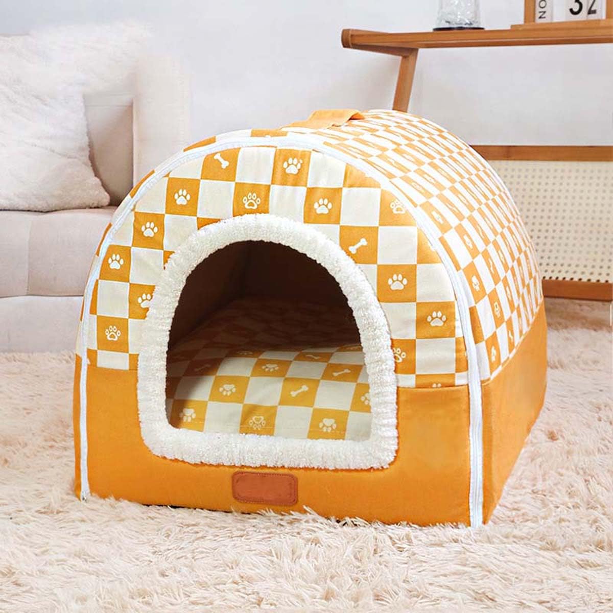 Pet House 2 In 1 Enclosed Dog Kennel, Cat Cave Warm Sleeping Nest with Removable Anti-Anxiety Cushion, Cozy Dogs Igloo House Non-Slip Pet Bed (XL, Yellow)