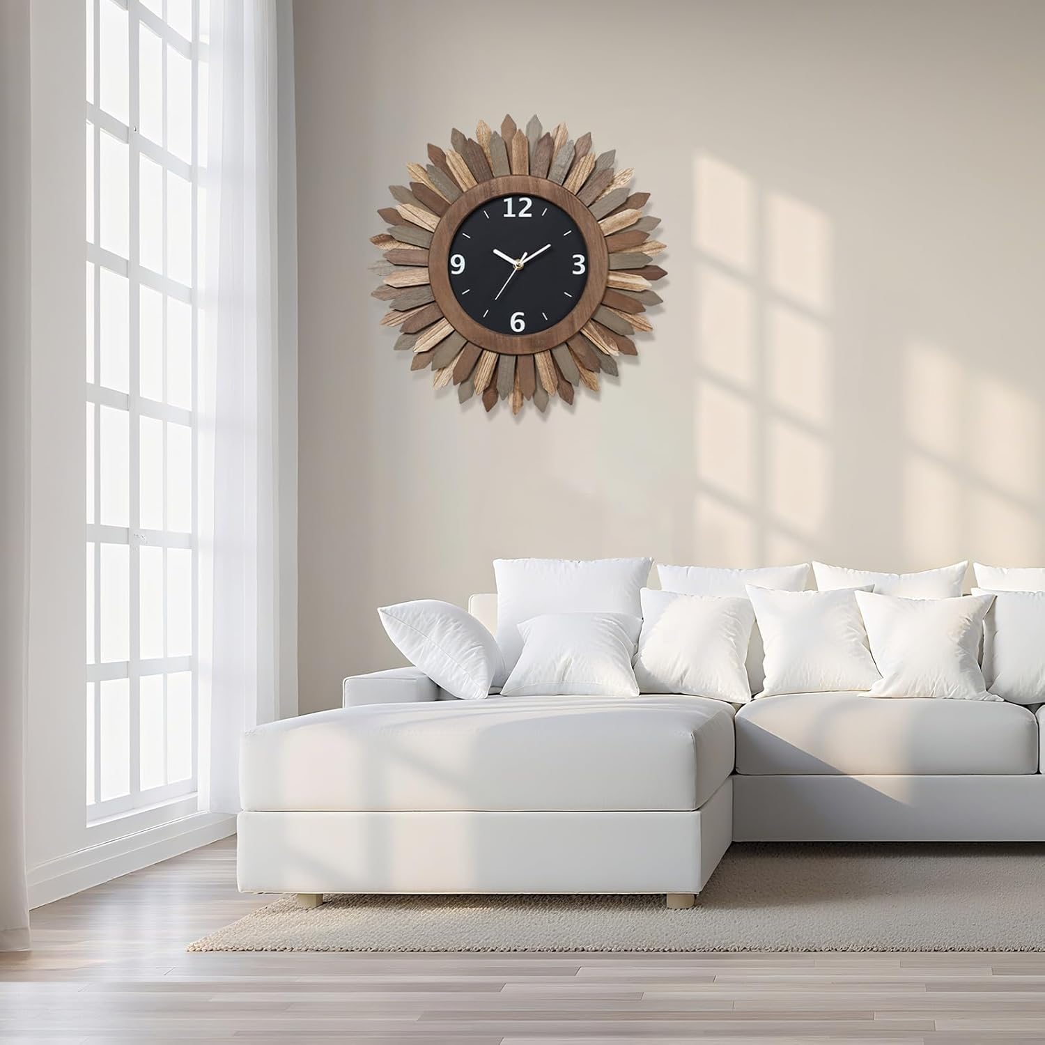 Honiway 16 Inch Wall Clocks, Rustic Wood Boho Sunburst Decorative Wall Clock Battery Operated Silent Non Ticking Farmhouse Large Wall Clocks for Living Room Kitchen Bedroom Home Decor (Tricolor)