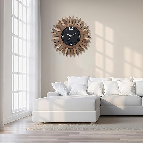 Miniatura 2 de Honiway Reloj de pared de 16 pulgadas, de madera rústica, bohemio, con rayos de sol, decorativo, funciona con pilas, silencioso, sin tictac, relojes