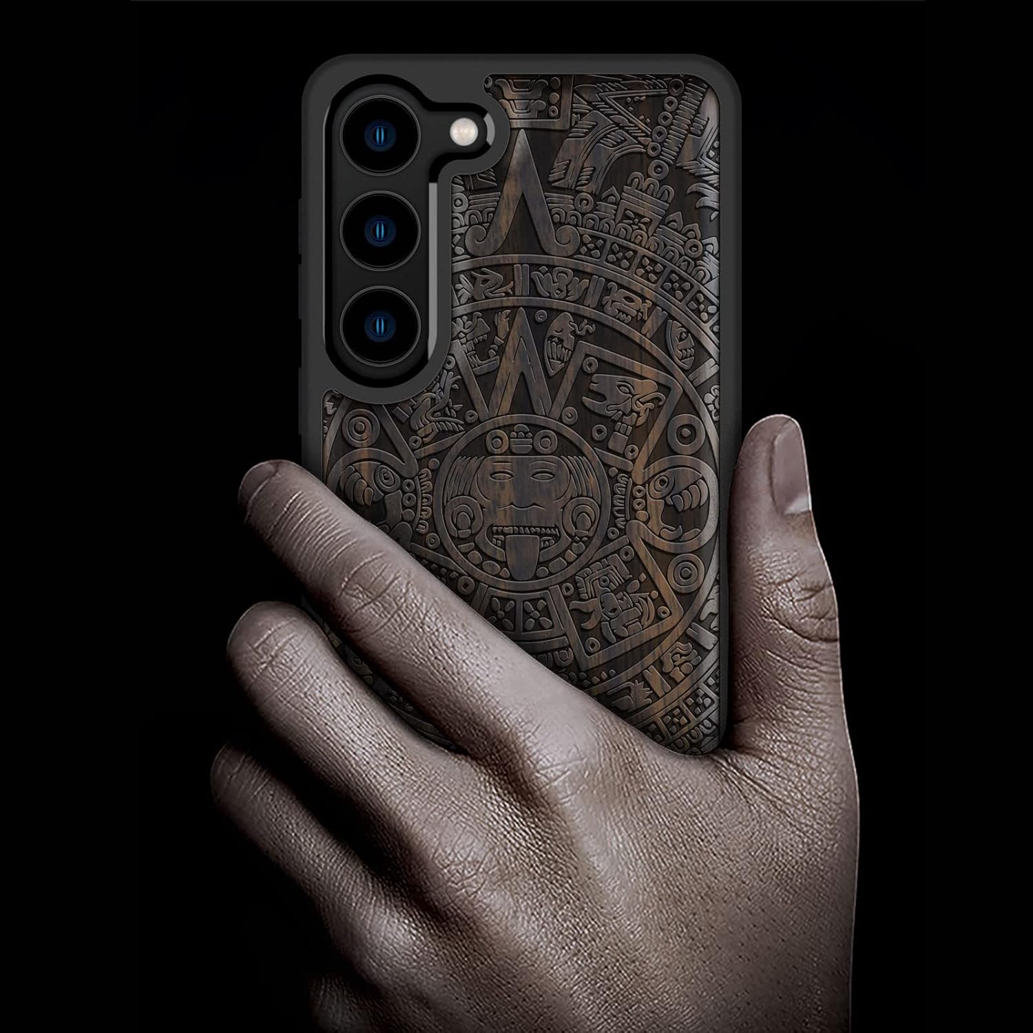 Carveit Wood Case for Galaxy S23 Case - Natural Wood & Black Soft TPU Shockproof Protective Cover - Unique & Classy Wooden Design - Compatible with Samsung S23 (Mayan Symbols-Blackwood)