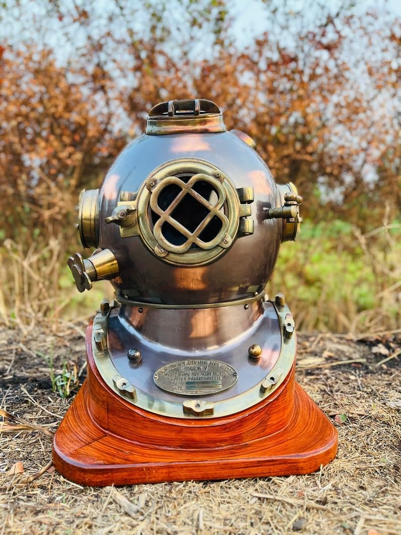Brown Scuba Diving Helmet Mark V 18" Inch with Wooden Base Maritime Ship's Decorative Helmet Best Décor Gift
