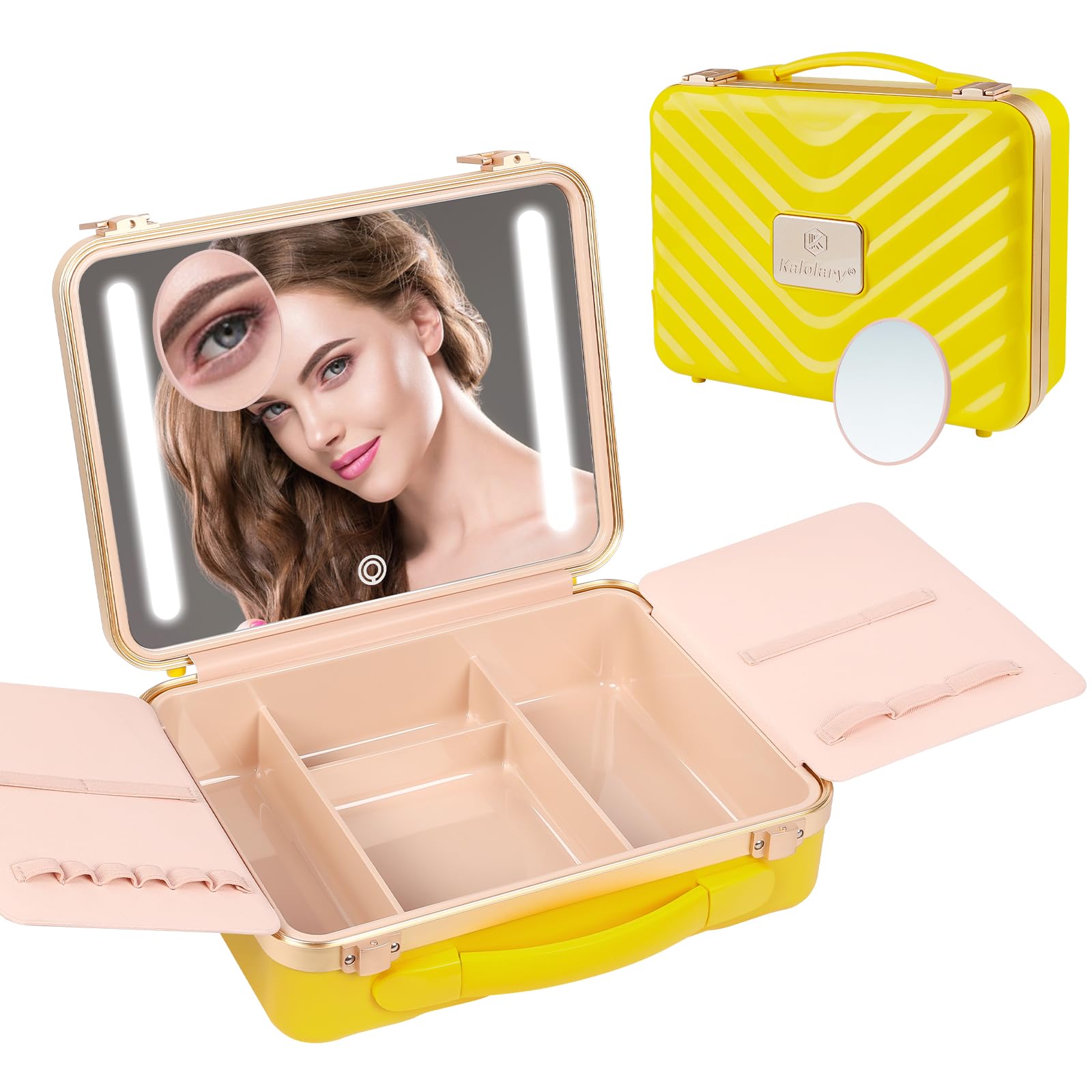 Kalolary Travel Makeup Train Cases with Lighted Mirror 3 Color Setting, Makeup Bag Cosmetic Case Organizer Adjustable Brightness Portable Makeup