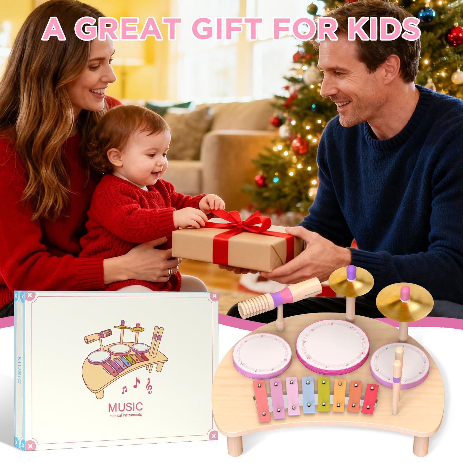 Montessori, set di tamburi in legno, strumenti musicali per bambini, set di batterie in legno con xilofono, giocattolo musicale per bambini in età prescolare, regalo di compleanno educativo per