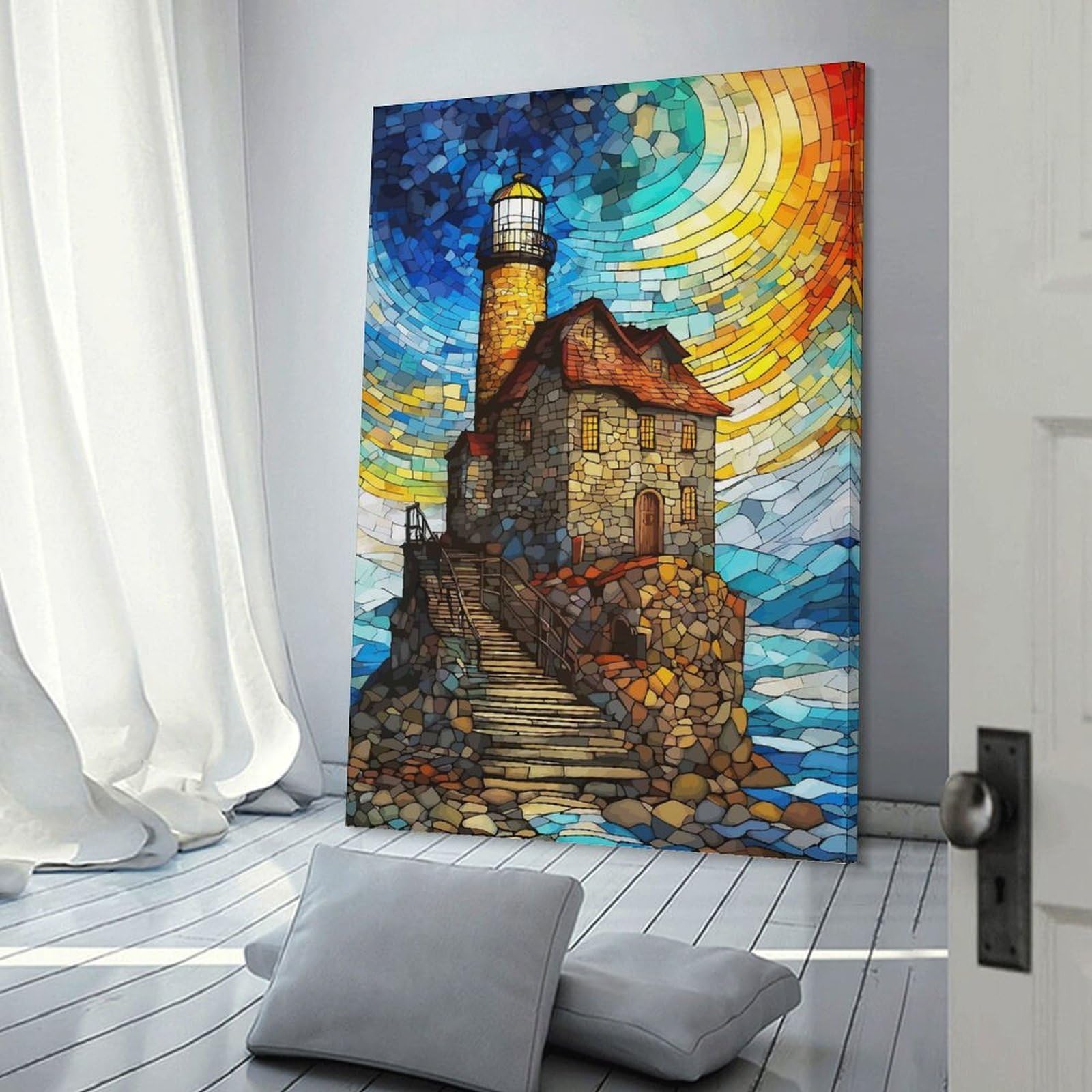 Junmoney Frame-Style-16 Decorative Wall Artwork Lighthouse On A Cliff, 20X30inch(50X75cm), For Sofa Walls, Lounge Or Home Corners, Modern Wall Decor For Cosy Interiors