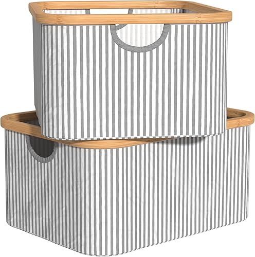 ClosetMaid Cestas de almacenamiento para ropa sucia, marco de bambú, portátil, diseño plegable, independiente, a rayas (paquete de 2), azulblanco