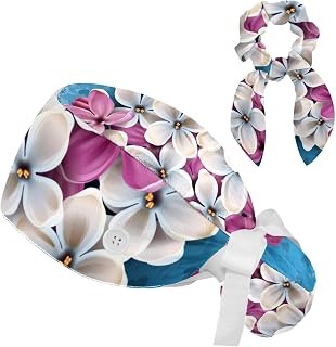 FVQL 2 Pieces Surgical Cap for Long Hair Scrub Cap with Hairband Nurse Cap, Flower Pattern and Heart