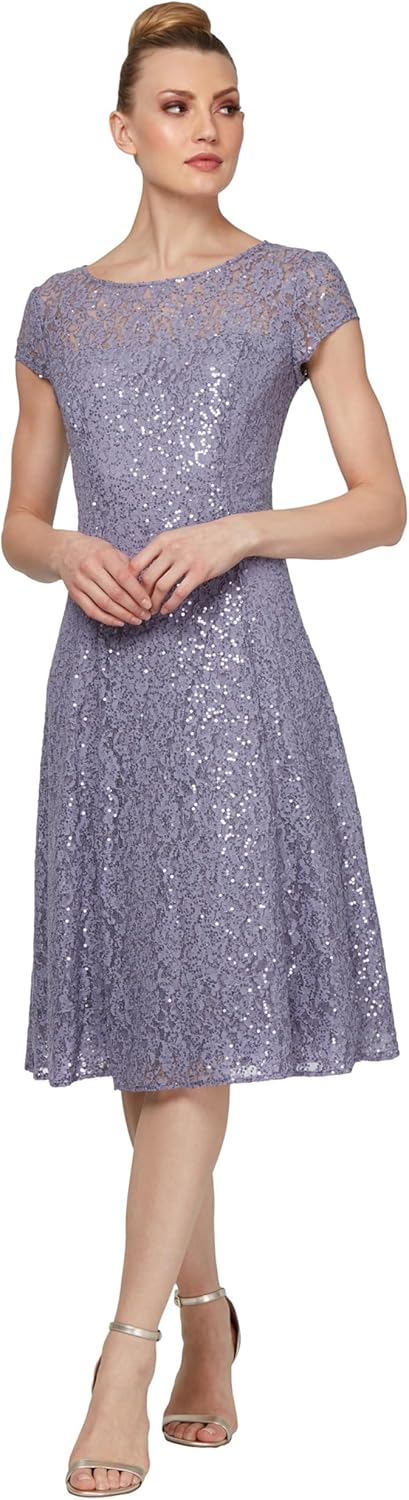 S.L. Fashions Women's Short Sleeve Sequin and Lace Tea Length Mother of The Bride Dress (Petite and Regular Sizes)