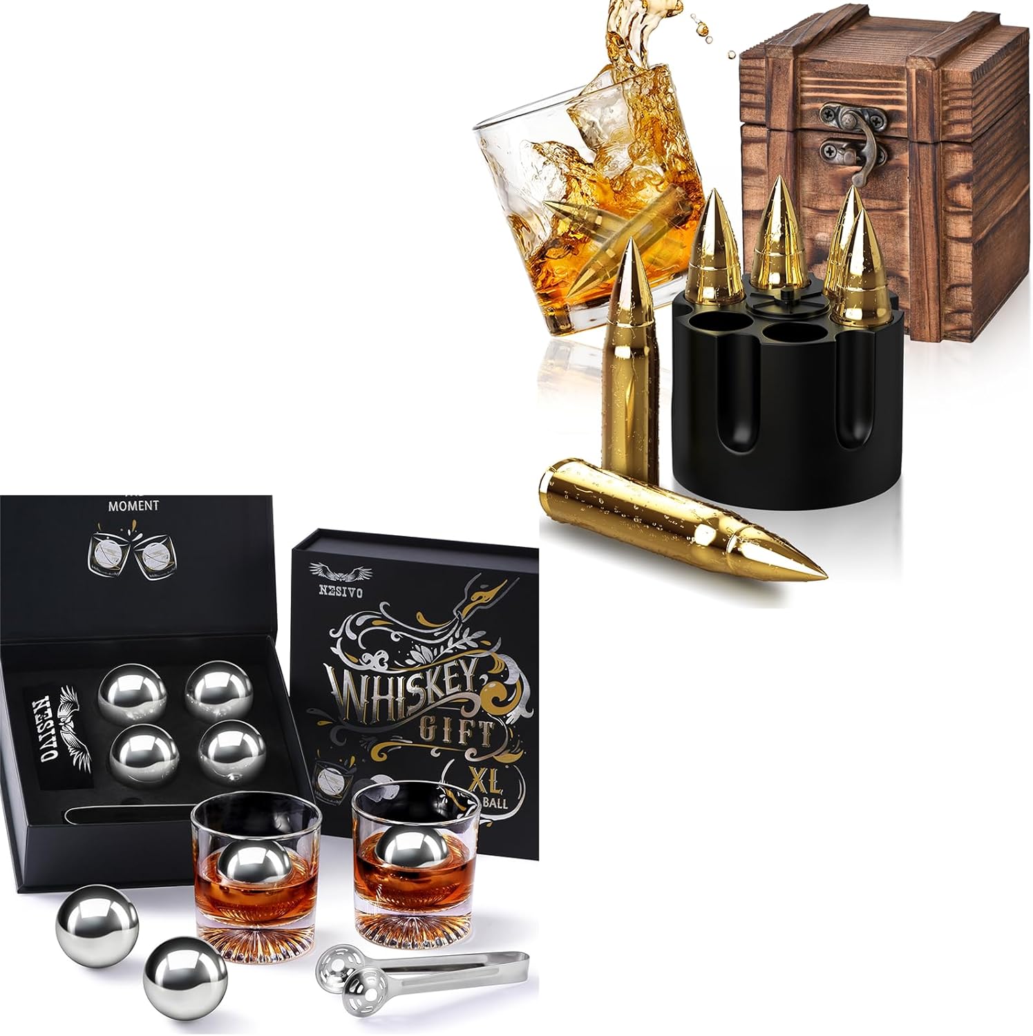 Whiskey Stones with Wooden Box, Christmas Stocking Stuffers, Unique Ideas for Him Husband, Cool Bourbon Gadget Whiskey Balls Reusable 55mm, Bourbon Gifts for Men, Whiskey Ice Stones with Tongs